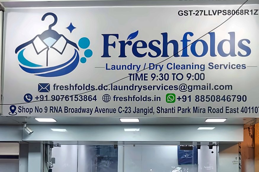 Freshfolds laundry and dry cleaning shop signboard and glass front, Shanti Park, Mira Road East